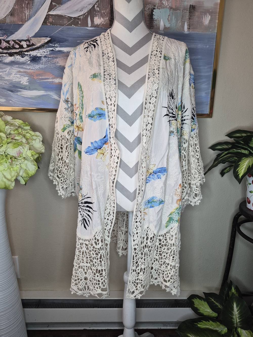 White Crochet-Trim Floral Kimono Jacket
